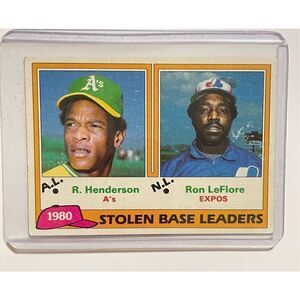 1981 topps Ricky Henderson and Ron Leflore stolen base leaders card is in good c